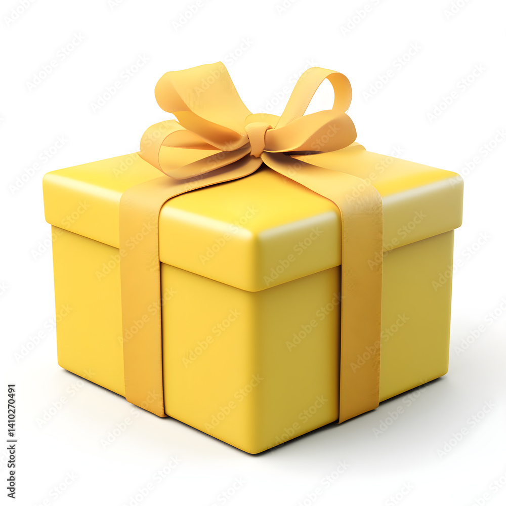 Yellow gift box wrapped with beautiful golden ribbon bow on white background