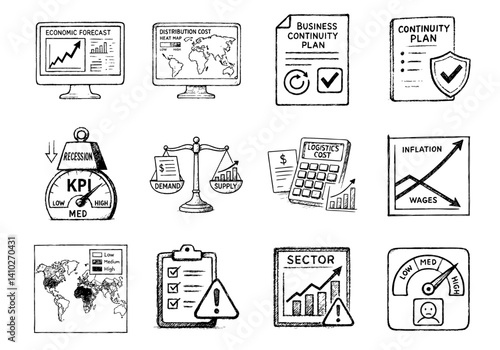 economy recession distribution concept. Business strategy concepts illustrated in monochrome sketches.