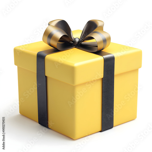 Yellow gift box wrapped with black and gold ribbon on white background