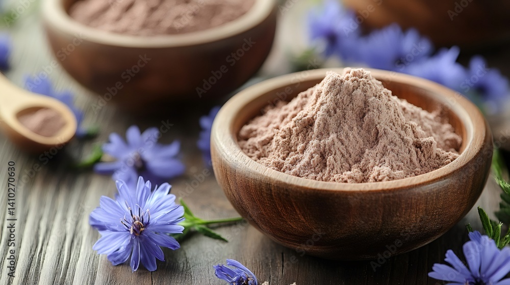 Chicory powder and flowers in wooden bowls on rustic table