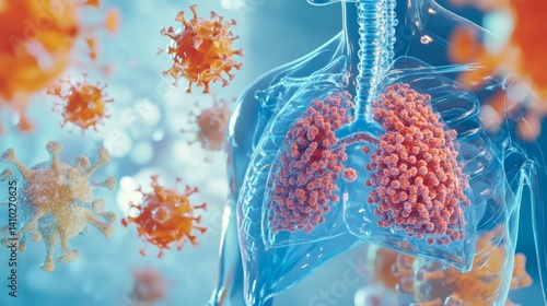 Infected lungs, virus particles.  Visual representation of viral pneumonia