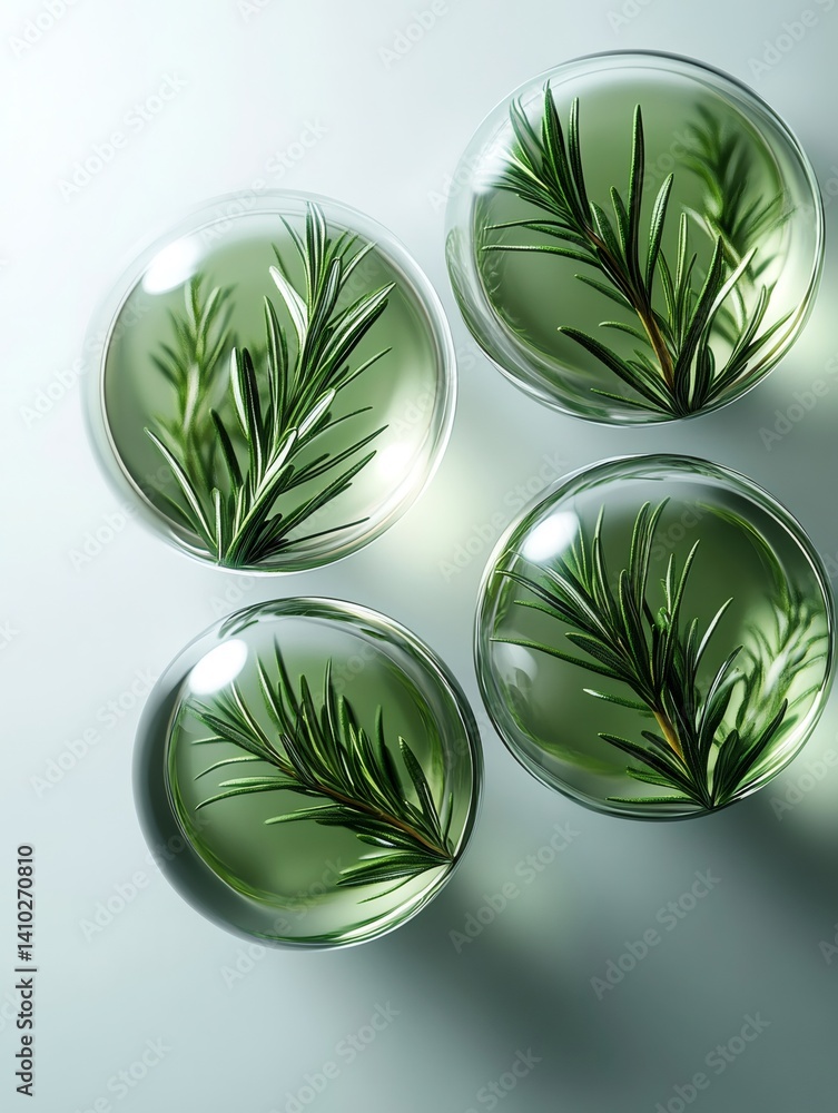 Rosemary sprigs submerged in green liquid spheres, spa and wellness concept