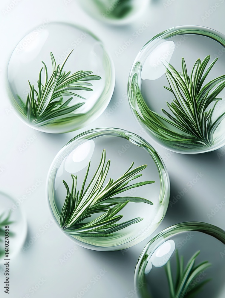 Rosemary sprigs encapsulated in transparent spheres, a botanical display