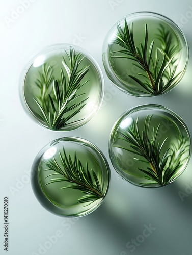 Obraz na płótnie Rosemary sprigs submerged in green liquid spheres, spa and wellness concept w salonie