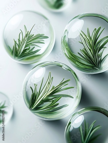 Obraz na płótnie Rosemary sprigs encapsulated in transparent spheres, a botanical display w salonie