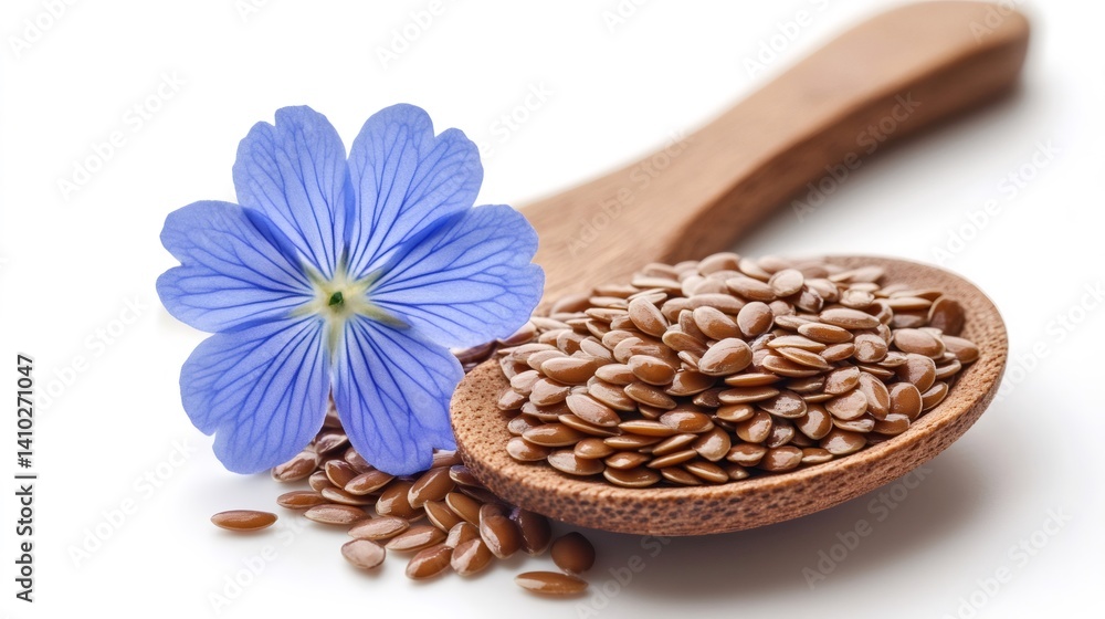 Flax seeds and flower resting on wooden spoon