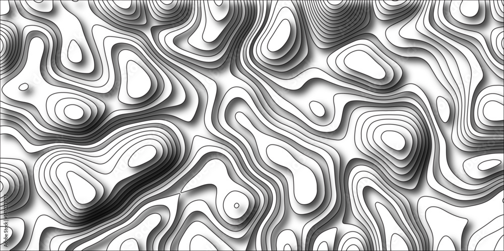 Abstract Topographic map with Geographic mountain relief. Multi layered paper art waves background & Metal plates concept. White background topography contour map with black curve lines. Abstract Topographic map with Geographic mountain relief. Multi layered paper art waves background & Metal plates concept. White background topography contour map with black curve lines.