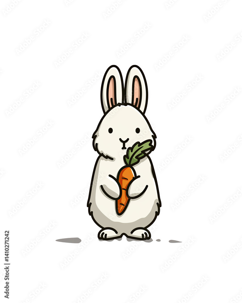 Fototapeta premium Cute White Bunny Holding Carrot on White Background
