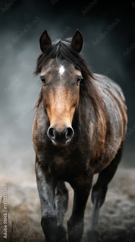 Majestic horse walking gracefully through misty landscape during early morning light Majestic horse walking gracefully through misty landscape during early morning light