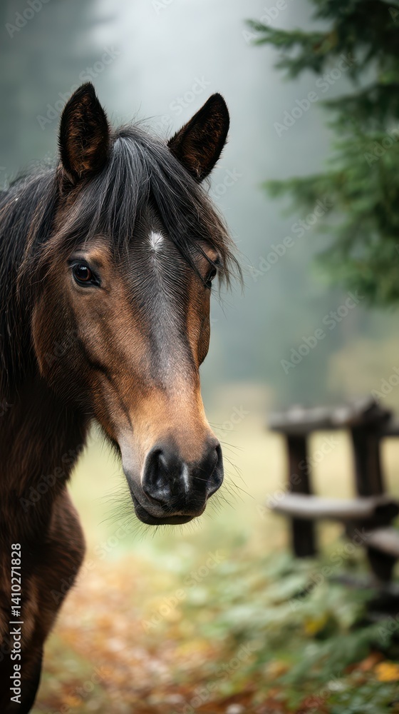 Naklejka premium Horse stands majestically amidst a foggy forest in autumn, showcasing natural beauty and serene surroundings