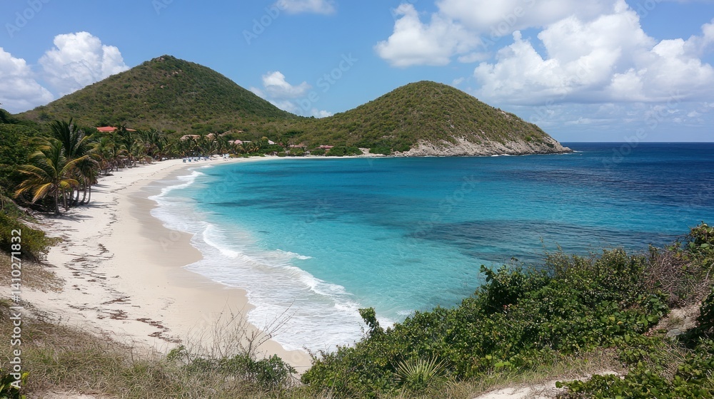 Serene Caribbean Beach Paradise: Turquoise Waters, White Sands, Lush Hills Serene Caribbean Beach Paradise: Turquoise Waters, White Sands, Lush Hills