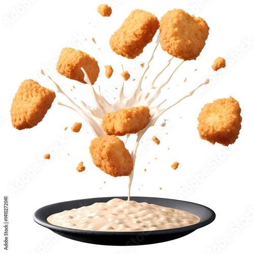 Chicken nuggets with dipping sauce advertisement crispy delicious snack food still life isolated shot on transparent background