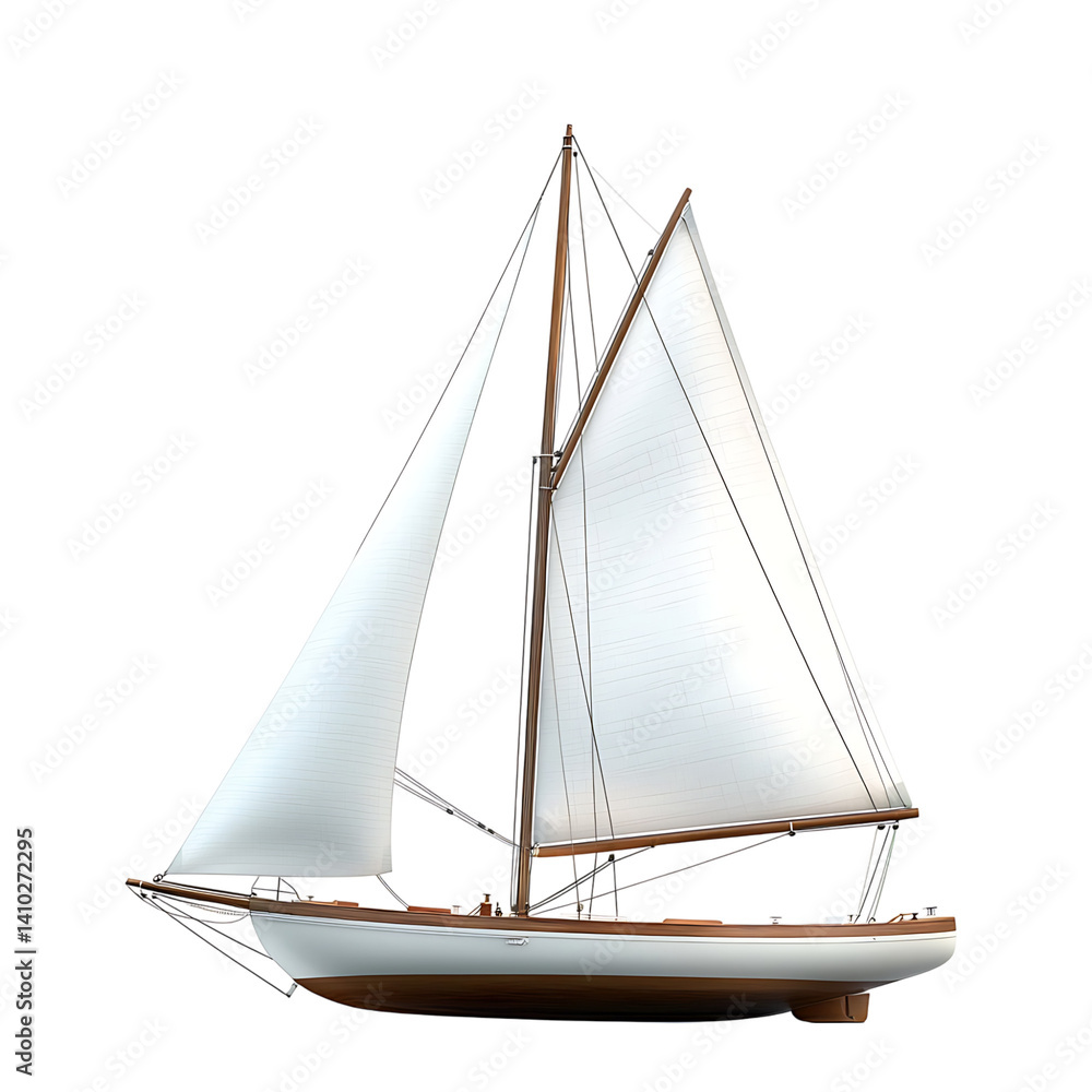 Realistic sailboat with wooden mast and fully extended white sails shown from side view on a clean transparent background without water or surrounding objects