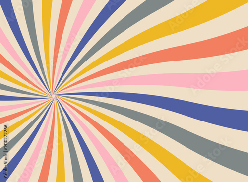 Soft yet vibrant sunburst background with blue, red, yellow, green, and pink tones. Gentle swirling lines creating a balanced, calming effect, perfect for serene yet colorful posters and designs.