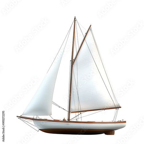 Realistic sailboat with wooden mast and fully extended white sails shown from side view on a clean transparent background without water or surrounding objects