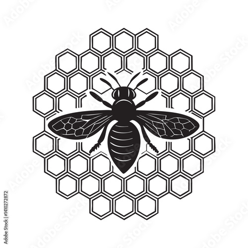 Honeycomb with bee silhouette vector art black