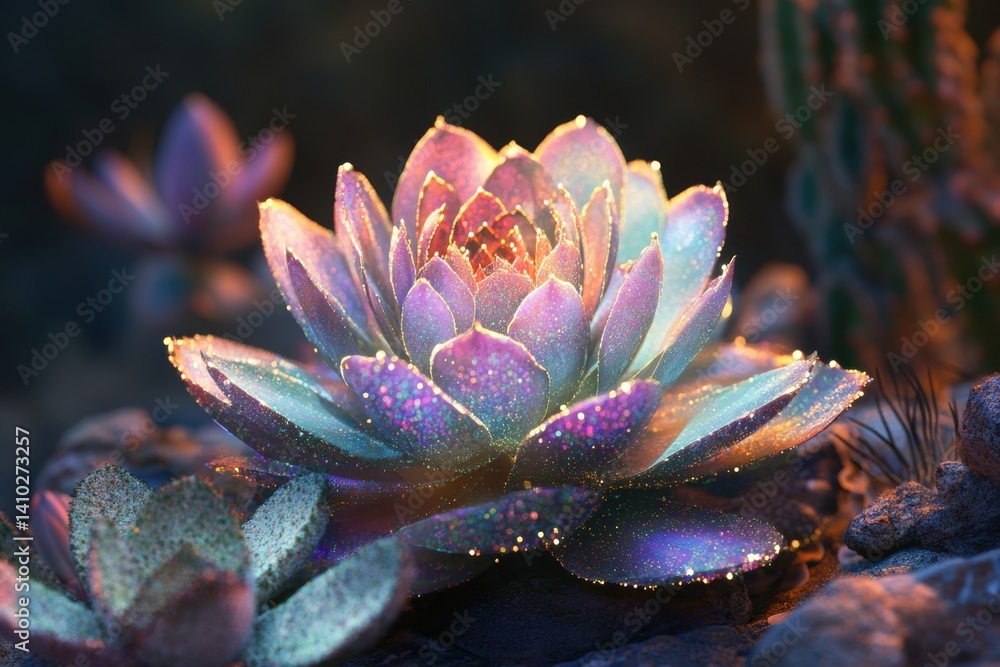 Colorful succulent glimmers under soft light in a tranquil garden setting Colorful succulent glimmers under soft light in a tranquil garden setting
