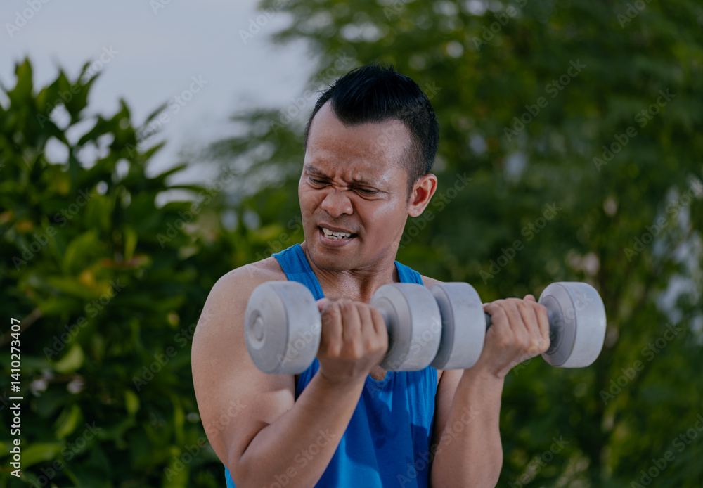 Athletic man lifting weights at home, building strength and muscle. Man holding dumbbells while exercising. Athletic man lifting weights at home, building strength and muscle. Man holding dumbbells while exercising.