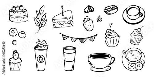 Hand-drawn doodle sketch set of coffee cups with coffee, a branch, a garland, a cupcake with a candle, and pastries like buns and cakes. Perfect for café branding and cozy designs.