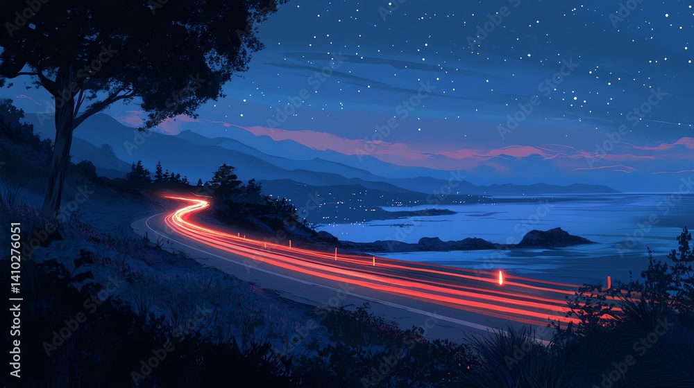 Car Light Trails on Coastal Road Under Starry Night Sky Illustration