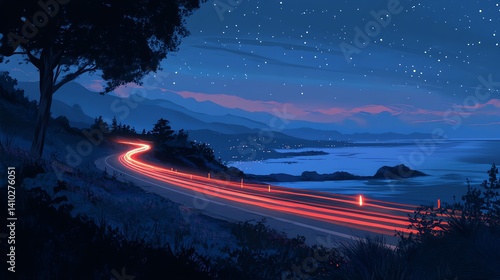 Obraz na płótnie Car Light Trails on Coastal Road Under Starry Night Sky Illustration w salonie