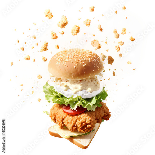 Delicious fried chicken burger sandwich with fresh lettuce and tomato on a sesame seed bun stack on transparent background