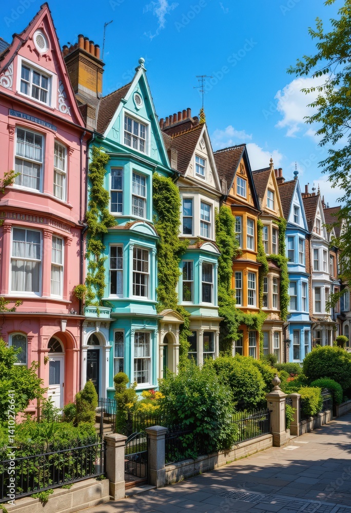 A vibrant row of charming houses, each painted in bright hues of red, blue, yellow, and green, with unique architectural details and blooming flower boxes adorning the windows. A vibrant row of charming houses, each painted in bright hues of red, blue, yellow, and green, with unique architectural details and blooming flower boxes adorning the windows.