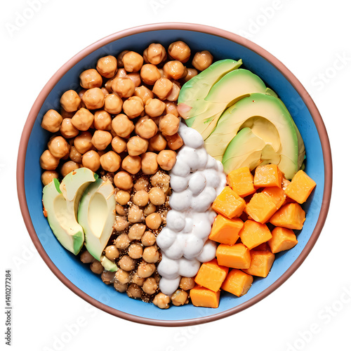 Healthy eating bowl with avocado chickpeas sweet potato and sauce for balanced diet and nutrition on transparent background