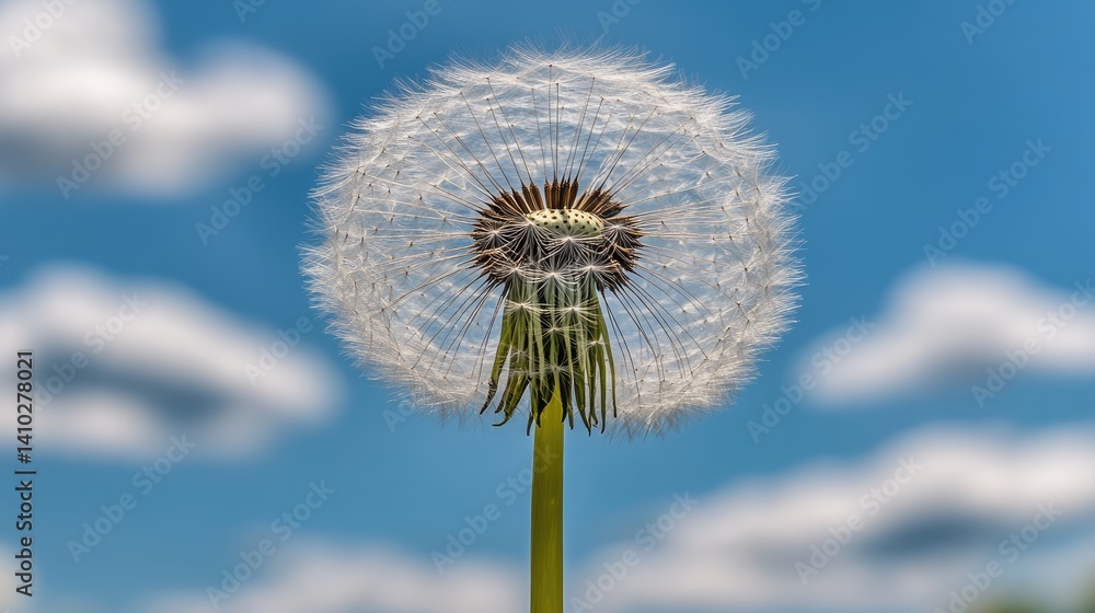 Fototapeta premium Close-up view of a dandelion seed head against a partly cloudy sky.
