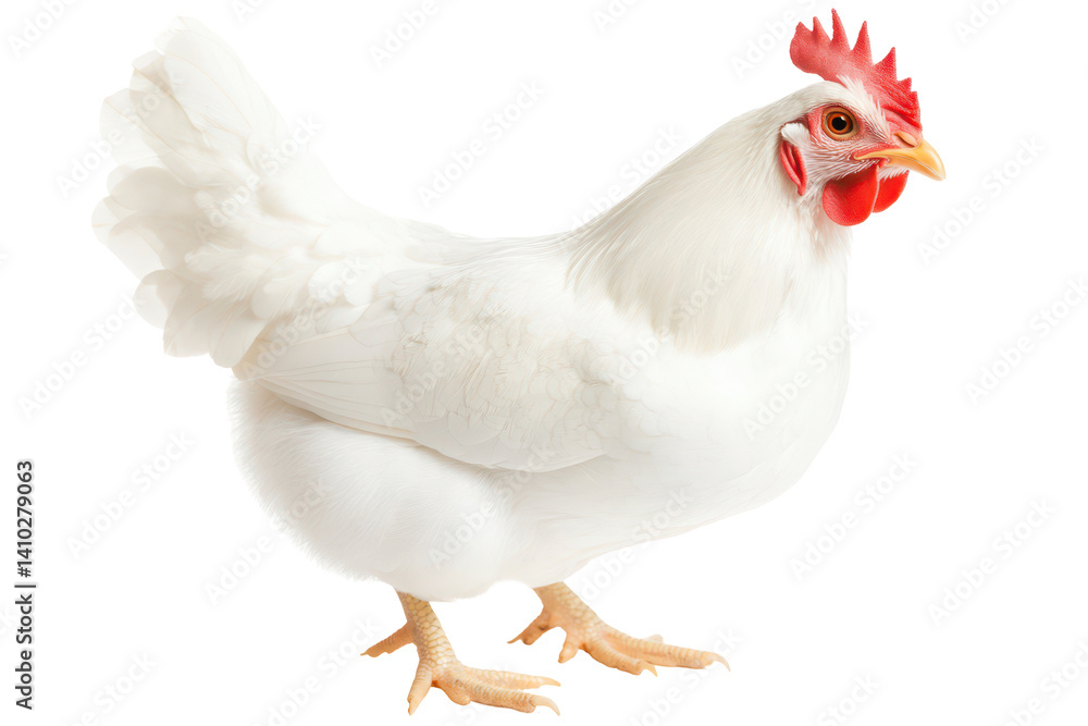White Chicken Portrait: A pristine white chicken stands majestically, showcasing its smooth feathers and vibrant comb. The bird's posture conveys a sense of calm confidence.