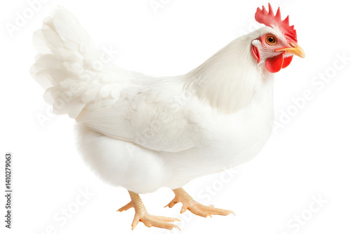 Obraz na płótnie White Chicken Portrait: A pristine white chicken stands majestically, showcasing its smooth feathers and vibrant comb. The bird's posture conveys a sense of calm confidence. w salonie