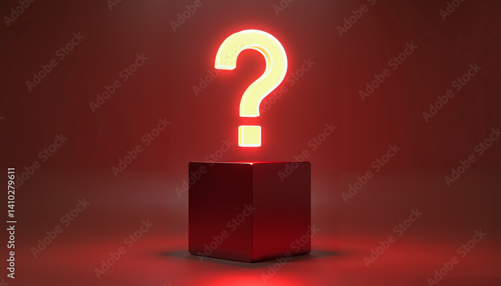 Red illuminated question mark on a cube against a dark background Red illuminated question mark on a cube against a dark background