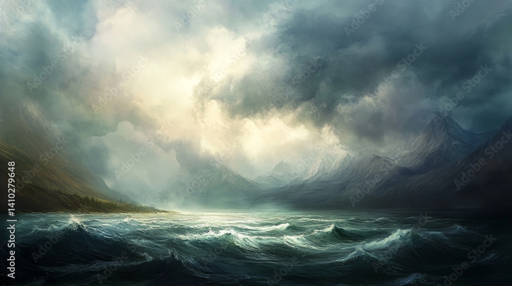 Dramatic Seascape with Waves Crashing Against Shore and Mountain Backdrop Dramatic Seascape with Waves Crashing Against Shore and Mountain Backdrop