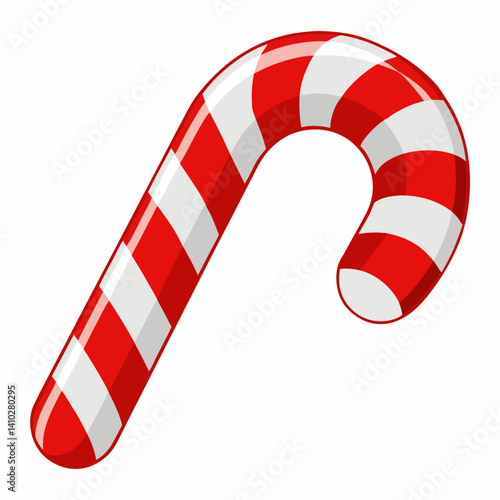Candy cane with red and white stripes on a plain white background.
