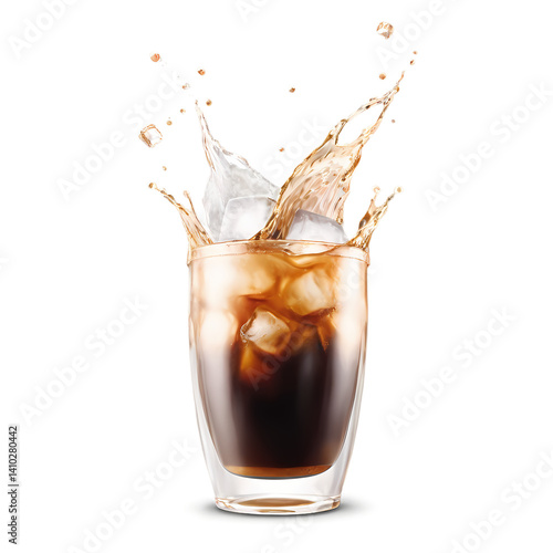 Iced beverage with splash refreshing drink cold brew refreshment summer cooler dark liquid in glass on transparent background