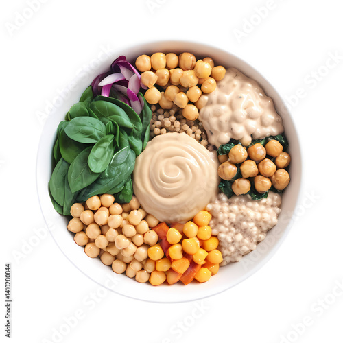 Healthy chickpea bowl recipe with spinach and tahini dressing delicious vegan meal preparation guide on transparent background