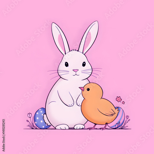  Bunny and chick together — pastel Easter icon set on purple background