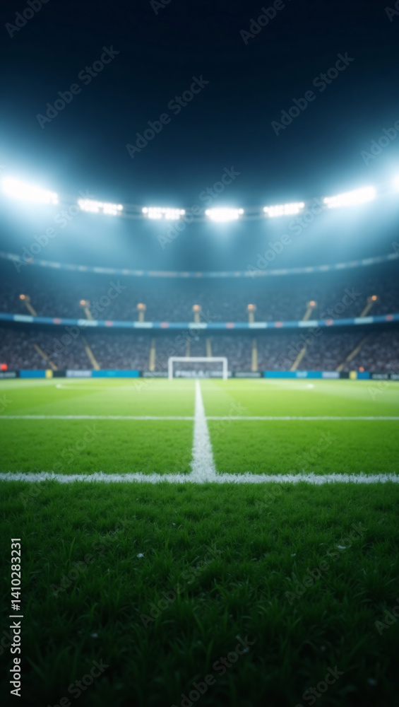 Obraz premium An Empty stadium at night with the field under a stadium light, with a clear view of the goal. This photo captures the excitement and anticipation of a major game