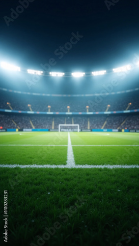 An Empty stadium at night with the field under a stadium light, with a clear view of the goal. This photo captures the excitement and anticipation of a major game