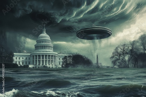 Obraz na płótnie UFO hovers above the Capitol building amid ominous stormy skies and high water w salonie