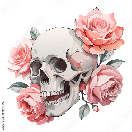 Watercolor Skull with Pink Roses Gothic Floral Art