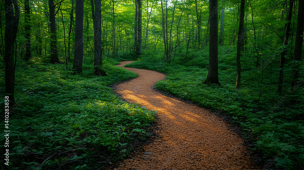 Obraz premium Winding Forest Path With Sunlight Through Trees