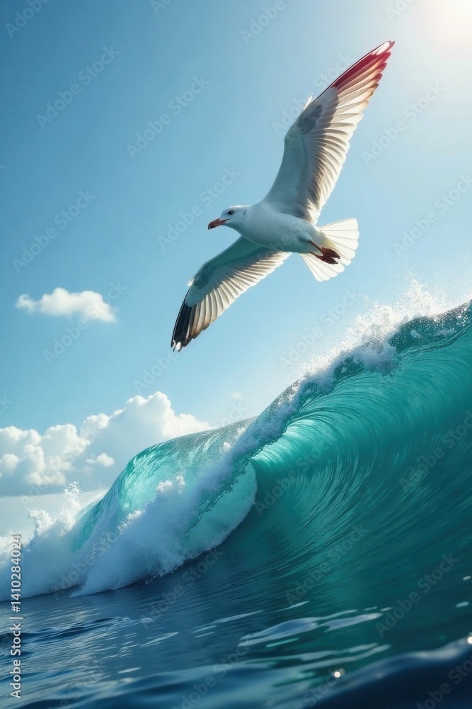 Fototapeta premium Seagull soaring above a turbulent ocean wave with foamy surf , seagulls, wildlife, ocean