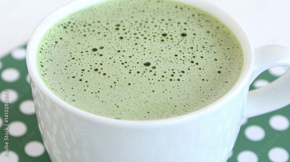Frothy Matcha Latte in White Cup on Green Spotted Background Frothy Matcha Latte in White Cup on Green Spotted Background
