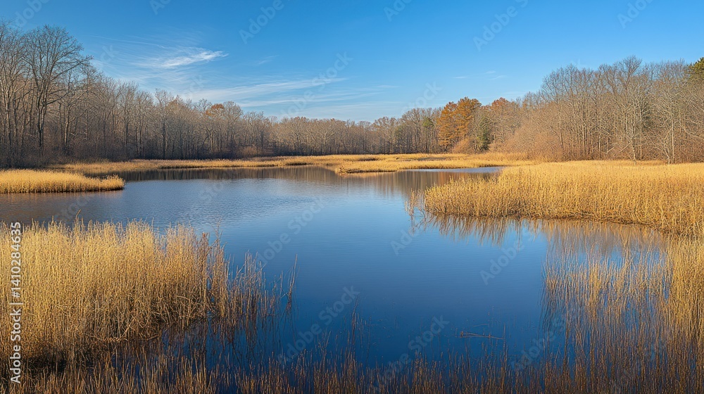 A tranquil scenic lake scene with golden grasses and trees A tranquil scenic lake scene with golden grasses and trees