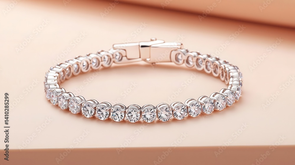 Fototapeta premium Dainty handcrafted tennis bracelet with round diamonds in a teardrop arrangement, isolated on a light peach surface