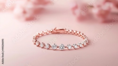 Luxurious diamond tennis bracelet with a handcrafted floralinspired pattern, isolated on a pastel pink surface