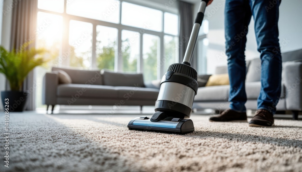 Fototapeta premium Young adult male vacuuming living room with modern vacuum cleaner.