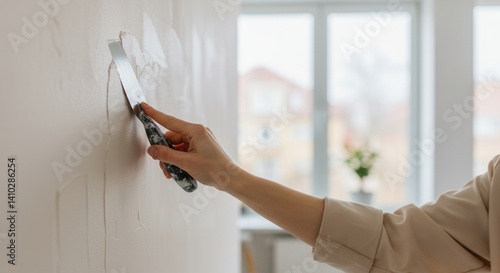 Caucasian female applying plaster to wall using putty knife in bright room.