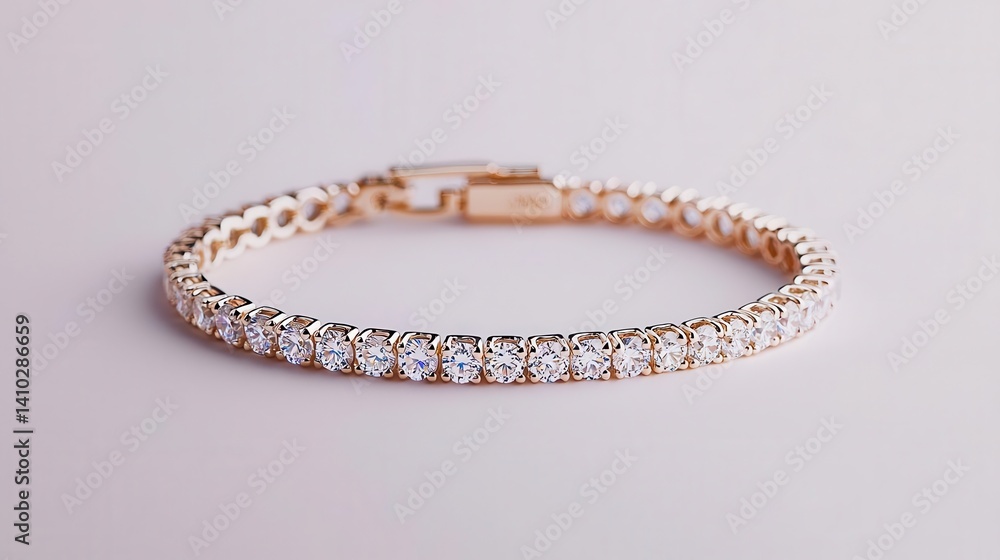 Petite handcrafted tennis bracelet with small round diamonds in a minimalist style, isolated on a seamless white background Petite handcrafted tennis bracelet with small round diamonds in a minimalist style, isolated on a seamless white background